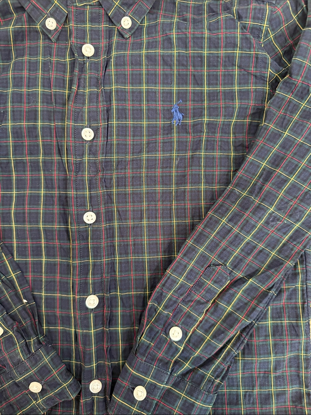Boys (5) Polo by Ralph Lauren Green and Navy Plaid Button-Down Shirt - Picture 3 of 4